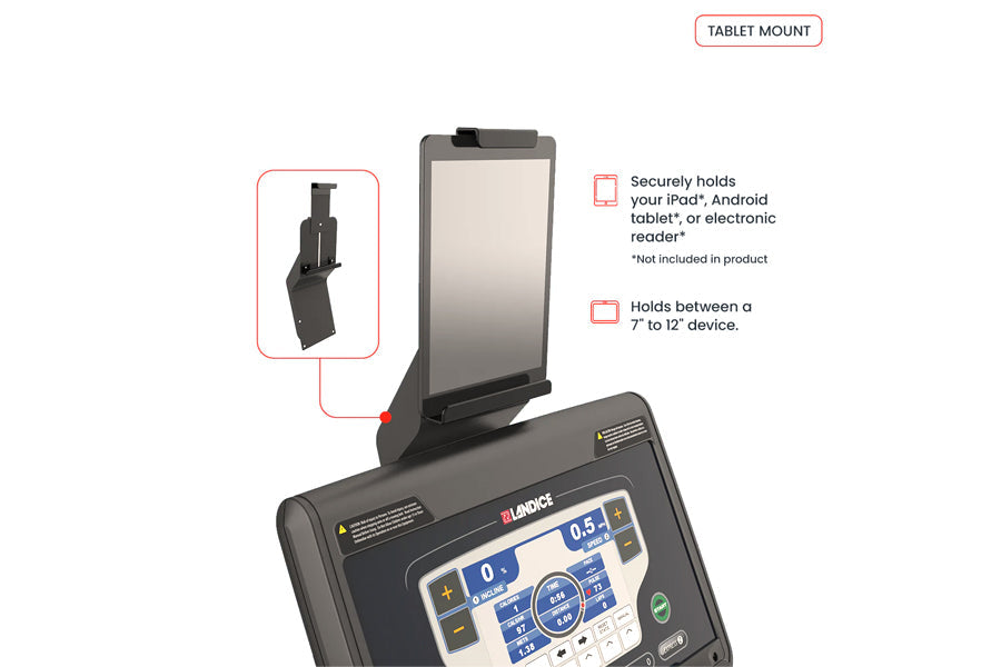 Black tablet mount attachment with adjustable holder arm on digital exercise bike console display