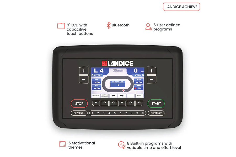 Landice U9 Rehabilitation Upright Exercise Bike with 9" LCD touchscreen display, Bluetooth connectivity, and control buttons 