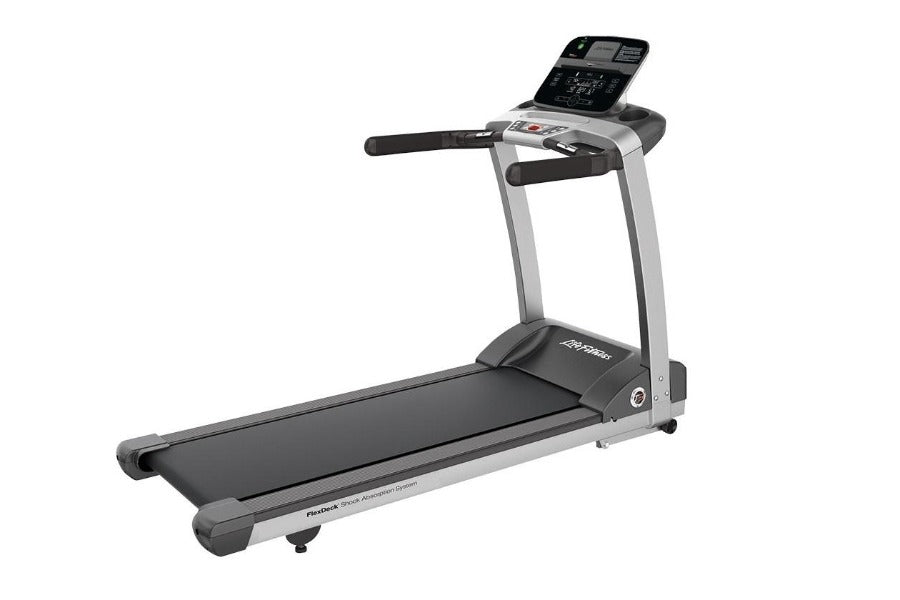 Life Fitness T3 treadmill with black running deck, silver frame, black handles, and digital display console on white backgrou