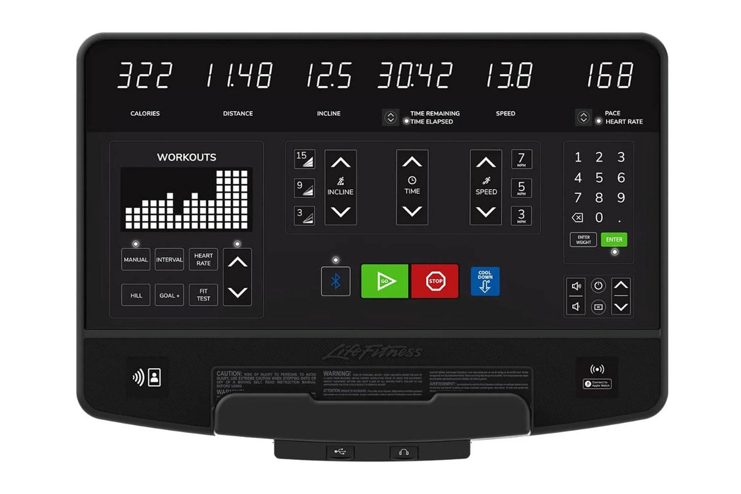 Life Fitness Atmos elliptical machine console displaying workout metrics including calories, distance, incline, time, speed, 