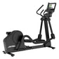 Black Life Fitness Atmos elliptical machine with digital display console, curved dual handles, and pedals on white background