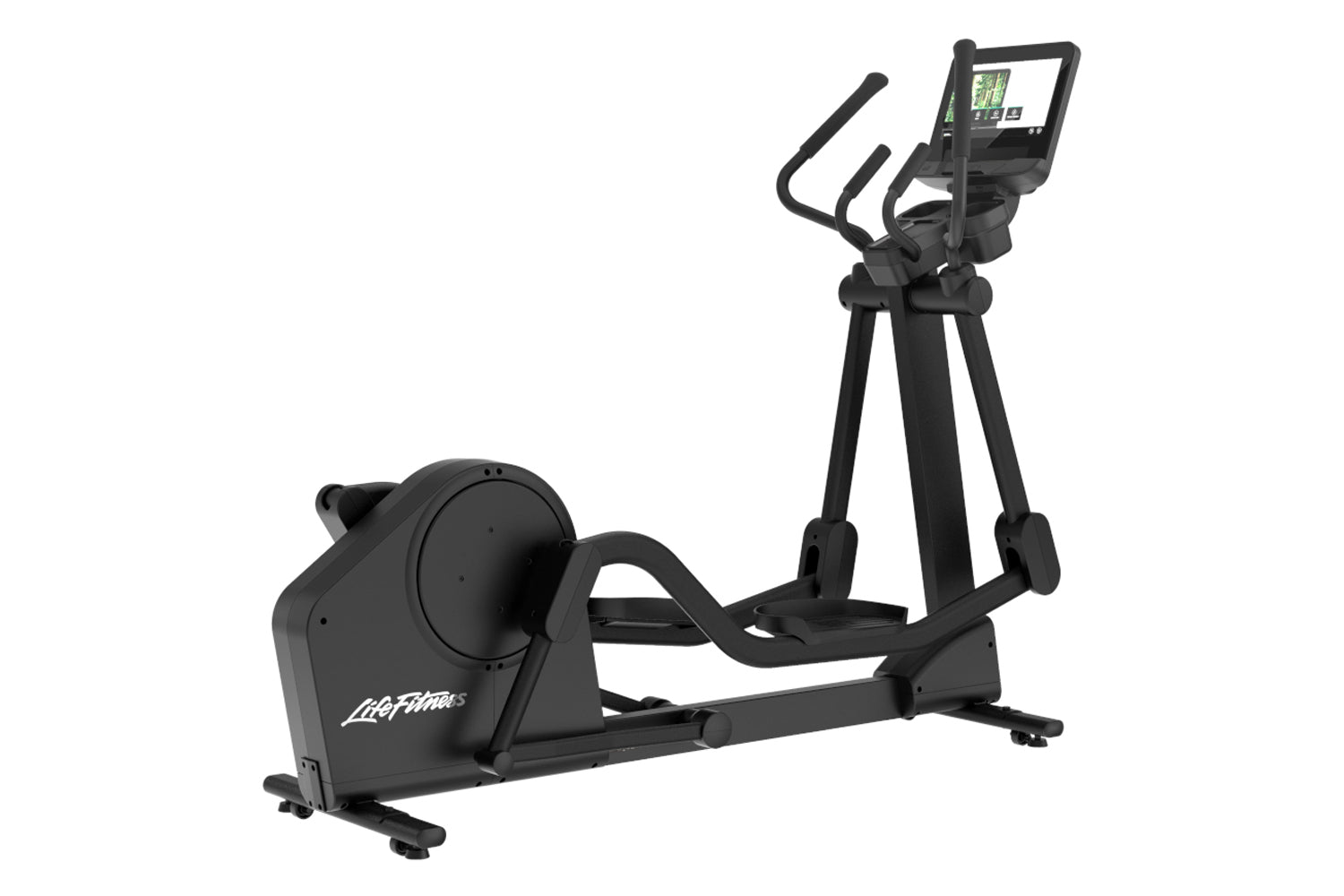 Black Life Fitness Atmos elliptical machine with digital display console, curved dual handles, and pedals on white background
