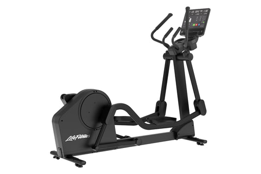 Black Life Fitness Atmos elliptical machine with digital display console, dual handles, and footplate on white background