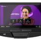 Life Fitness Atmos recumbent bike display screen showing purple-lit interface with smiling woman and workout menu options on 