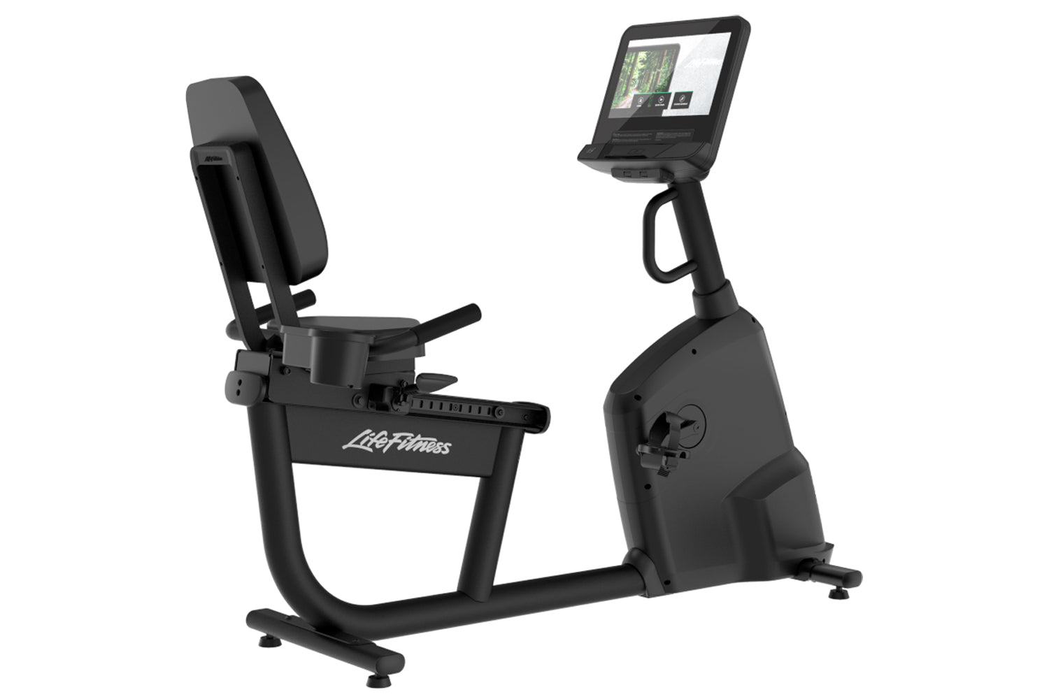 Life Fitness Atmos recumbent exercise bike in black with padded seat back, handlebars, and digital display screen showing wor