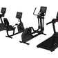 Black Life Fitness Atmos exercise equipment collection including treadmill, stationary bike, and elliptical machine with digi