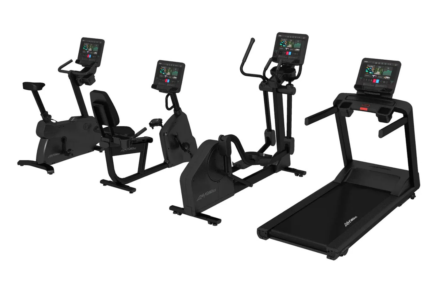 Black Life Fitness Atmos exercise equipment collection including treadmill, stationary bike, and elliptical machine with digi