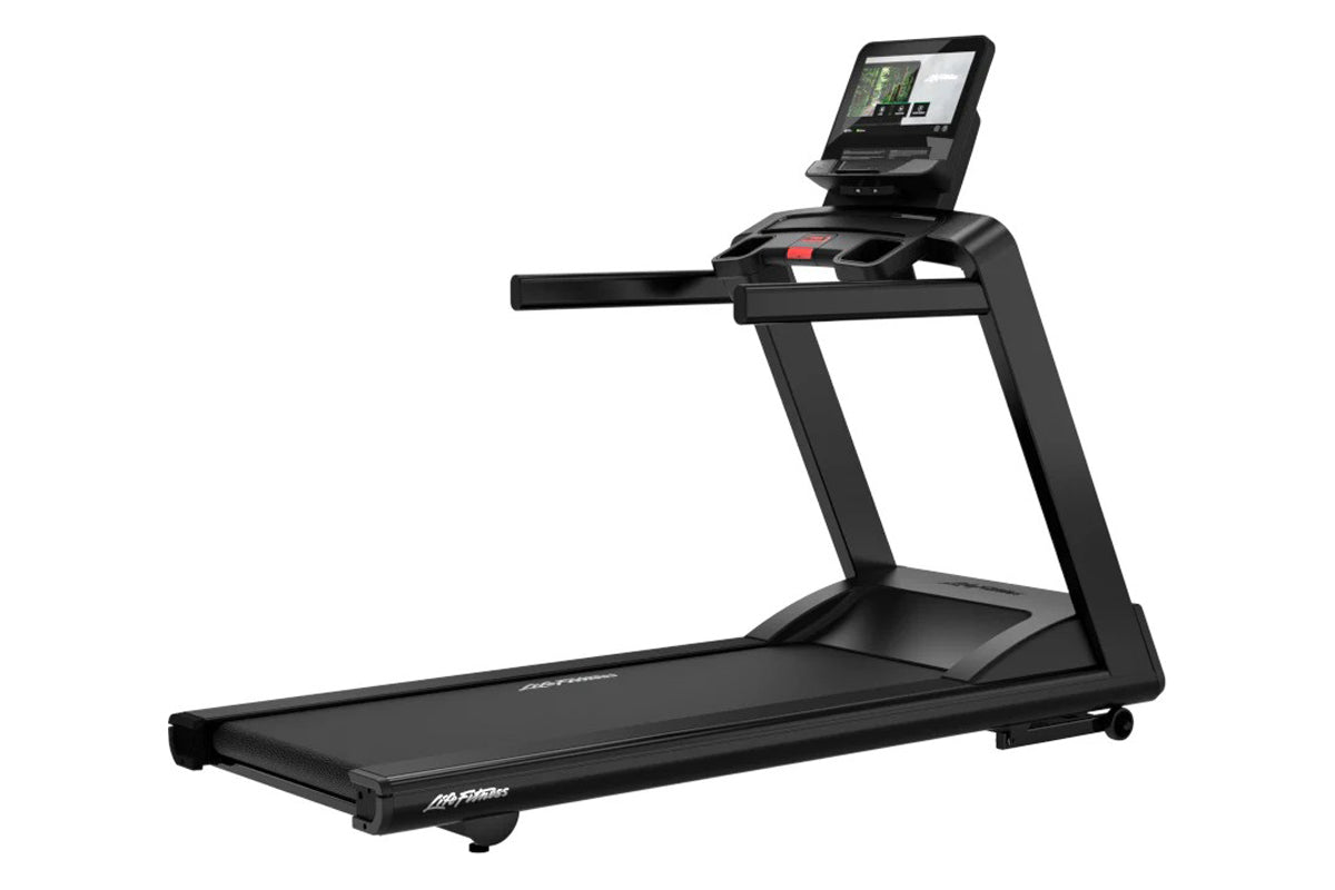 Black Life Fitness treadmill with digital display console, wide running deck, and red accent controls on white background