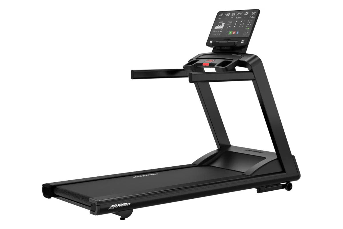 Black Life Fitness Atmos treadmill with digital console display and running belt on white background