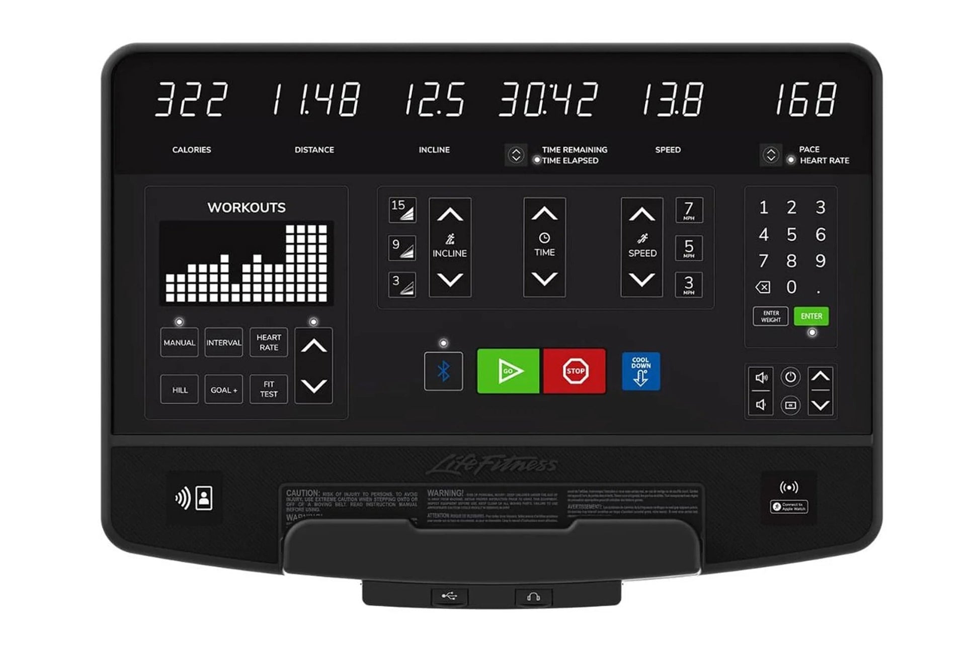 Life Fitness Atmos upright exercise bike console displaying workout metrics including calories, distance, incline, time, spee