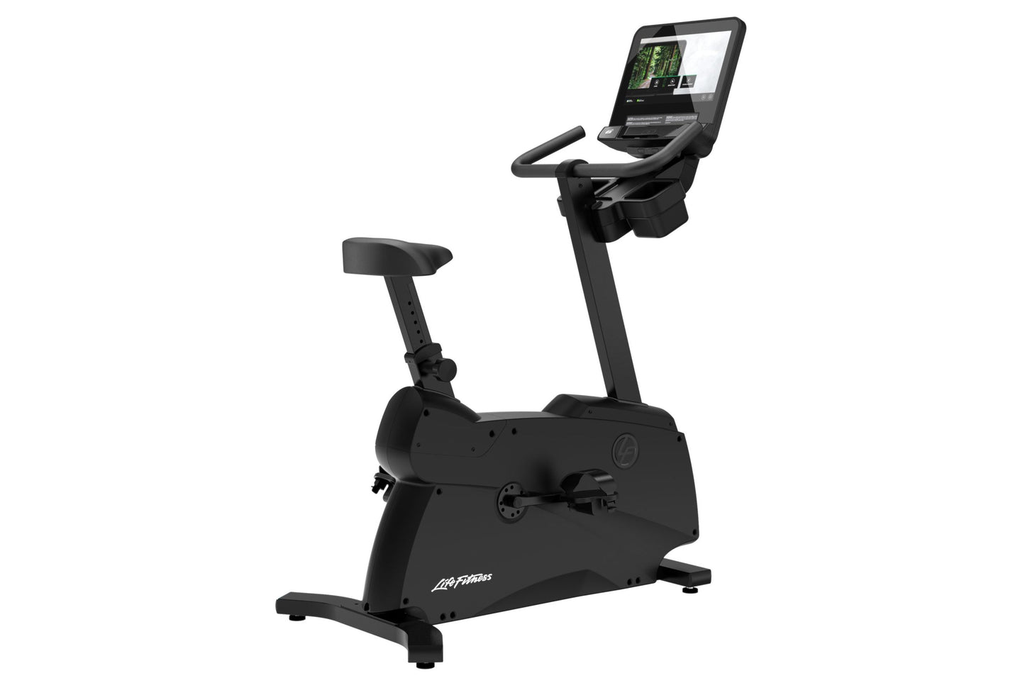 Black upright stationary bike with digital display console, handlebars, and padded seat on white background