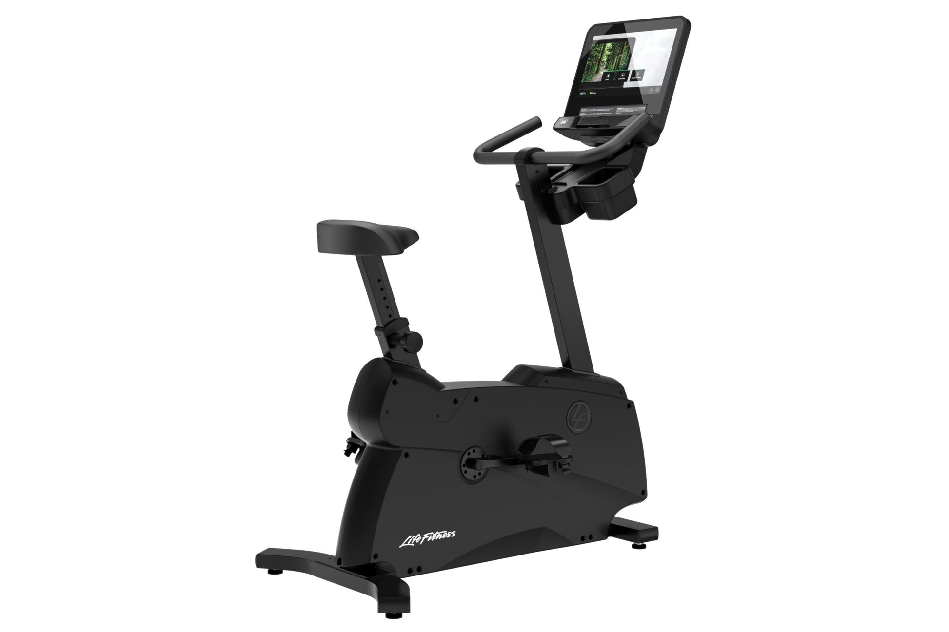 Black upright stationary bike with digital display console, handlebars, and padded seat on white background