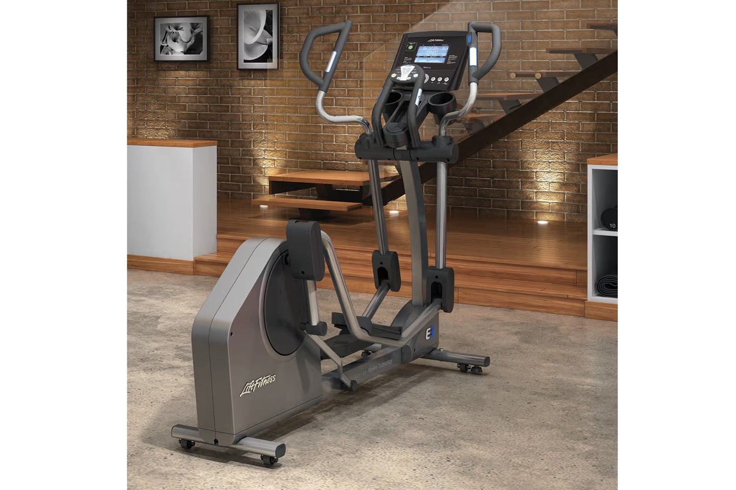 Life Fitness E3 elliptical cross-trainer with gray and black frame, digital display console, and dual handles in modern gym s