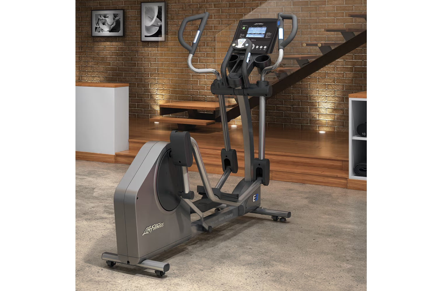Life Fitness E3 elliptical cross-trainer with gray and black frame, digital display console, and dual handles in modern gym s