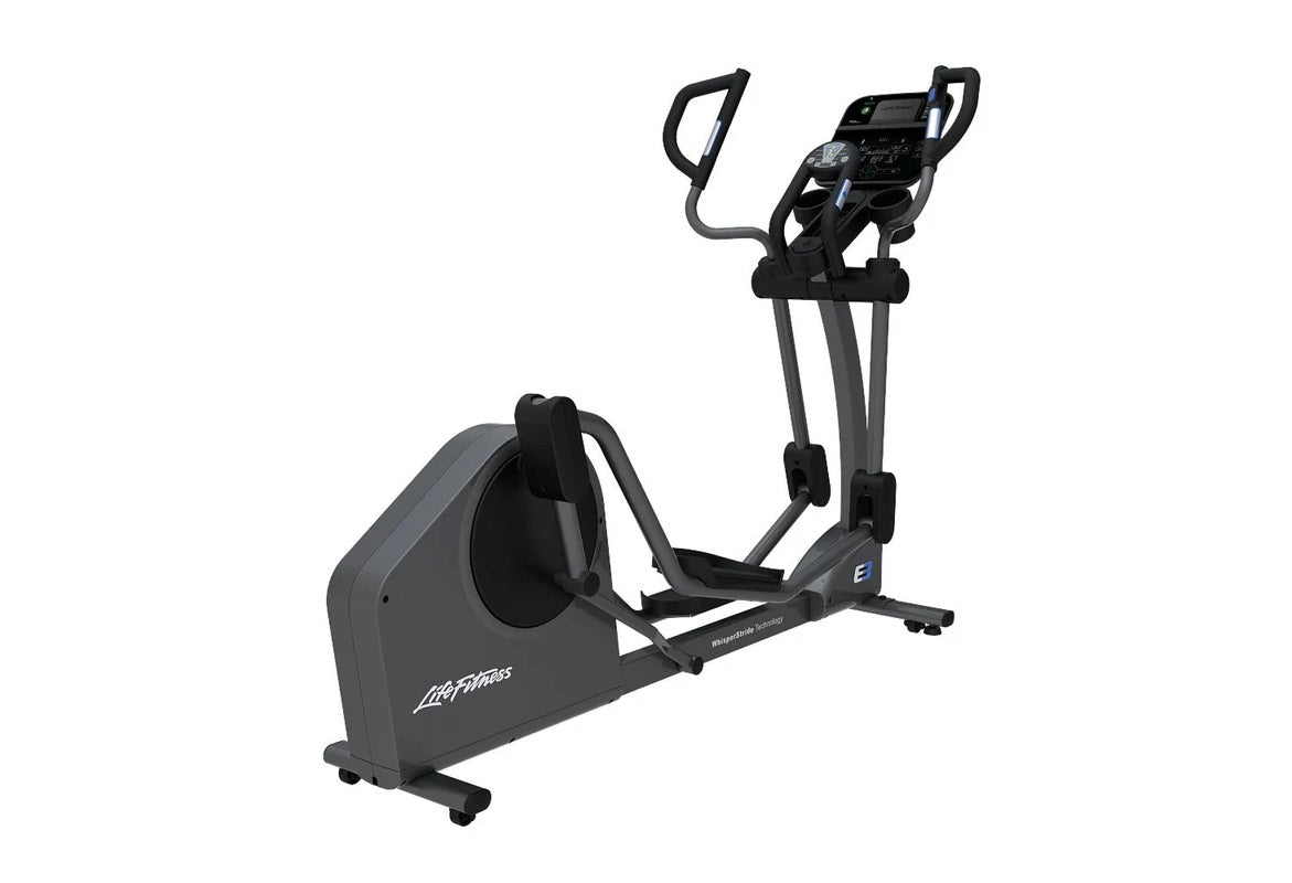 Life Fitness E3 elliptical cross-trainer with gray and black frame, digital console display, and dual handlebars on white bac