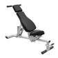 Life Fitness G7 adjustable weight bench with black padded seat and backrest, silver metal frame, and leg extension attachment