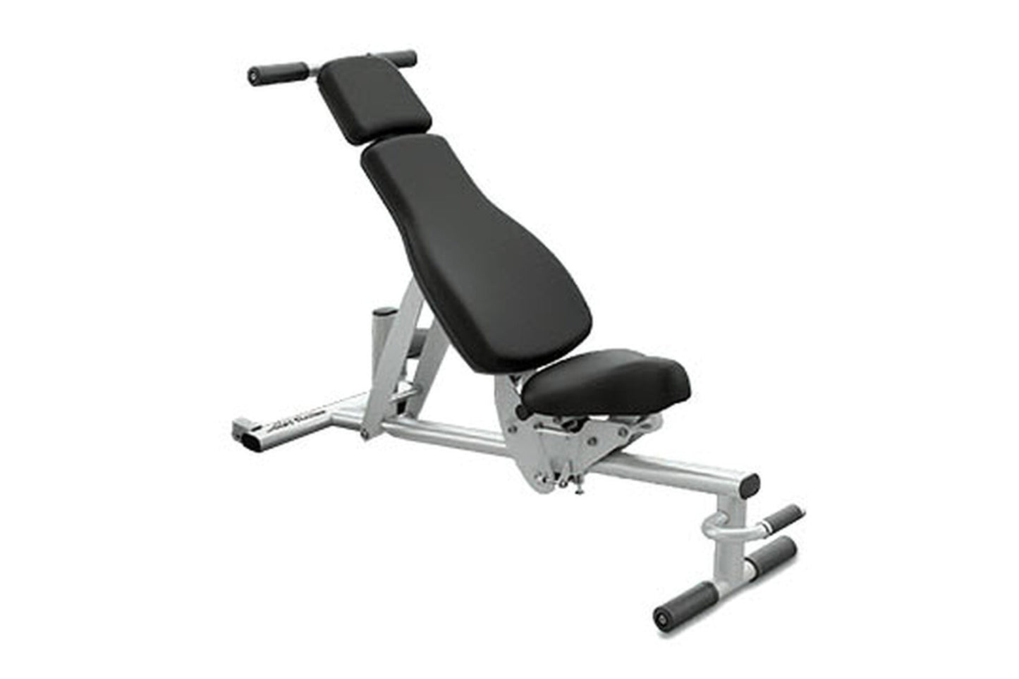 Life Fitness G7 adjustable weight bench with black padded seat and backrest, silver metal frame, and leg extension attachment