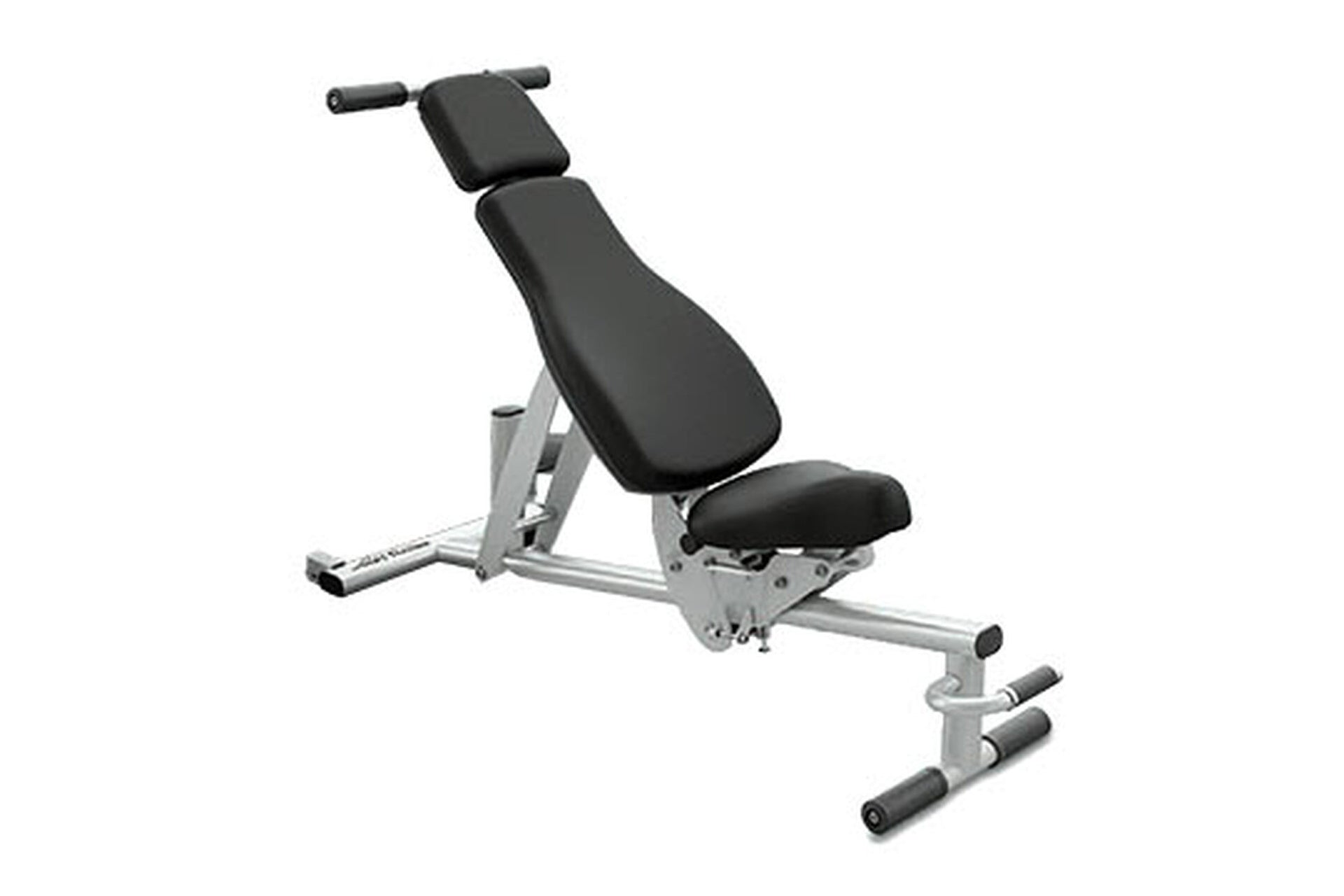 Life Fitness G7 adjustable weight bench with black padded seat and backrest, silver metal frame, and leg extension attachment