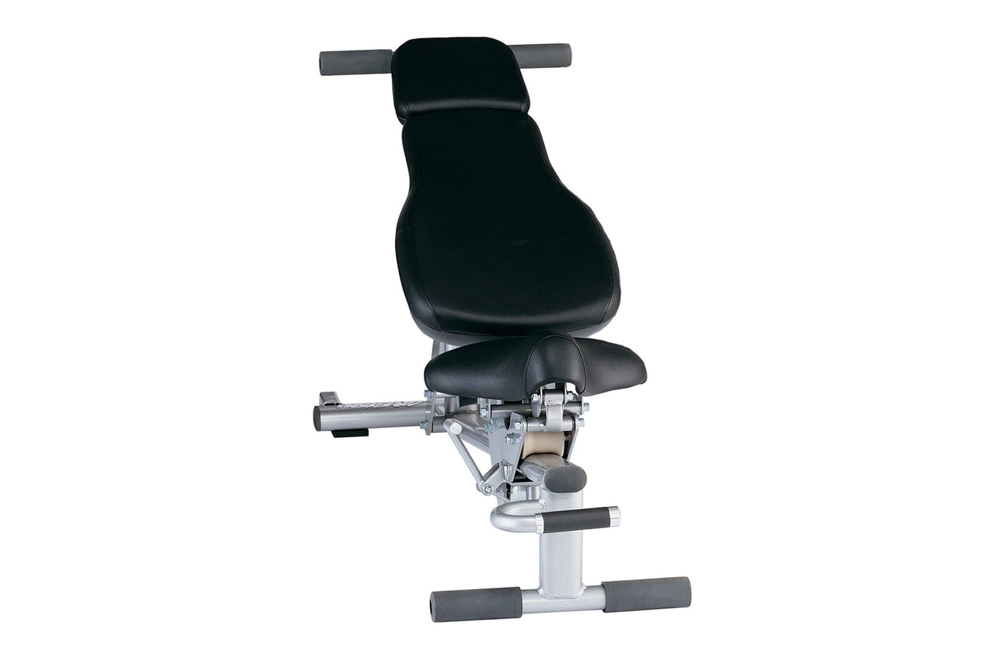Black padded upright exercise bench with adjustable backrest, gray metal frame, and leg extension attachment on white backgro