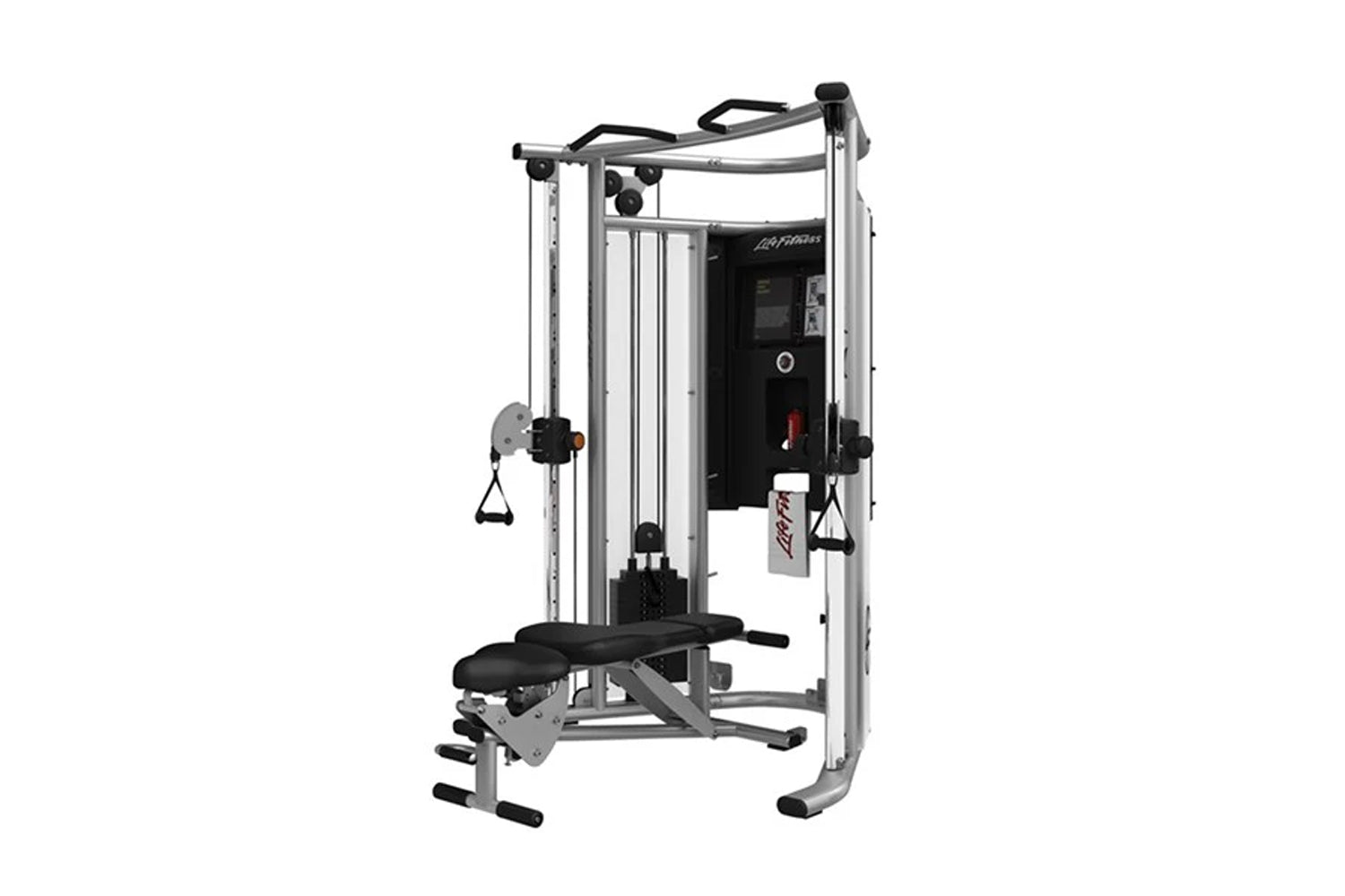 Life Fitness G7 home gym with silver steel frame, black control panel, dual cable pulleys, and adjustable leg press seat on w