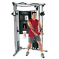 Life Fitness G7 cable machine with silver frame and black accents, model shown with male user in red tank top demonstrating c