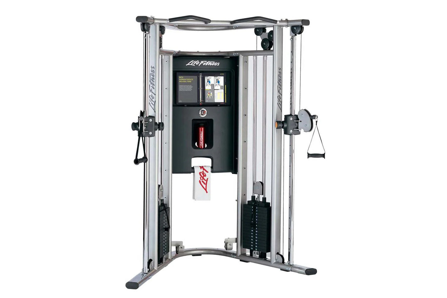 Life Fitness G7 home gym with dual cable machines, silver frame, black weight stack, and instruction display, front view on w