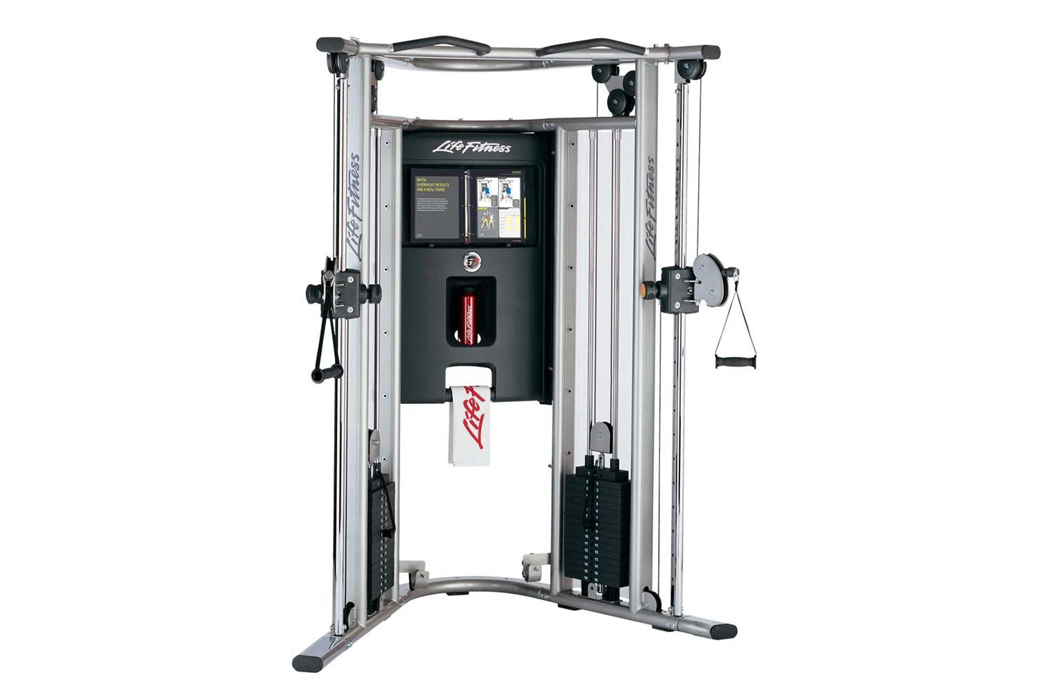 Life Fitness G7 home gym with dual cable machines, silver frame, black weight stack, and instruction display, front view on w