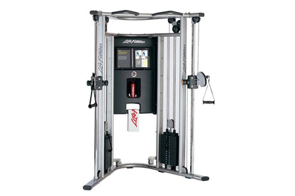 Life Fitness G7 home gym with dual cable machines, silver frame, black weight stack, and instruction display, front view on w