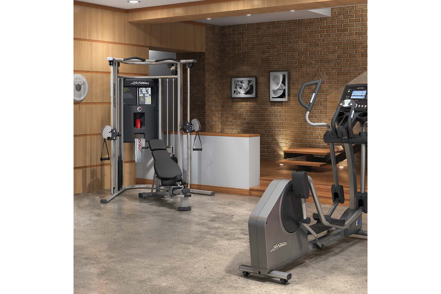 Life Fitness G7 home gym with black and gray multi-station equipment in modern fitness studio setting with brick walls