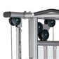 Silver and black home gym machine with pulley system, cable attachments, and adjustable weight stack