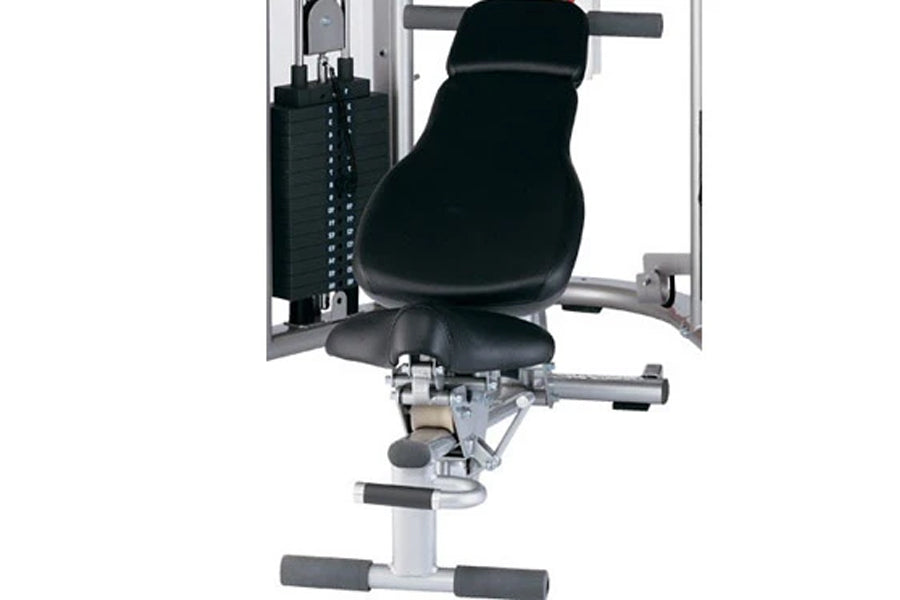 Life Fitness G7 home gym with black padded seat and metal frame, showing leg press and chest press stations on white backgrou