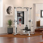Life Fitness G7 cable machine home gym with silver frame, black seat, dual weight stacks, and attachments in modern living ro
