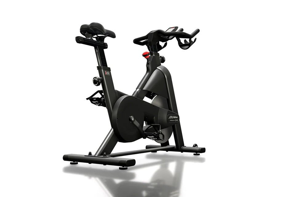 Life Fitness IC3 black stationary indoor cycle with adjustable seat, handlebars and flywheel on white background