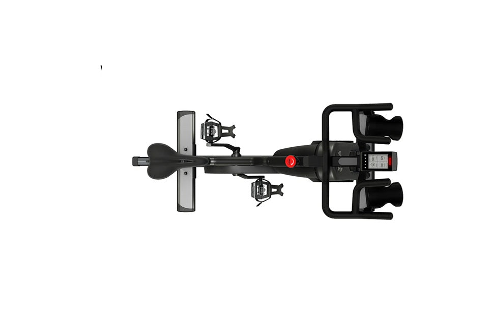 Life Fitness IC3 black indoor exercise bike with dual pedals and digital console, overhead view on white background