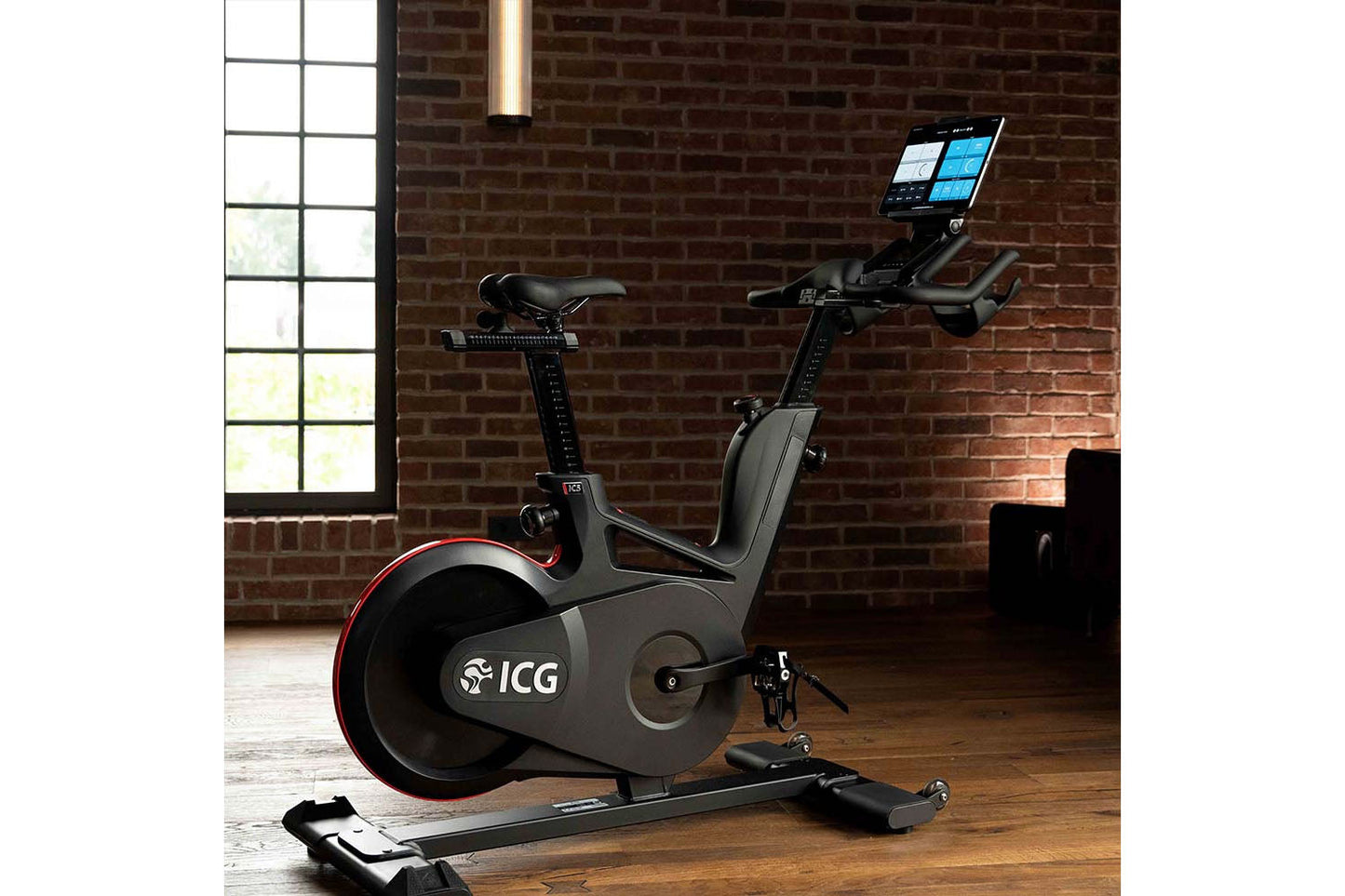 Indoor cycling bike with digital display in a room