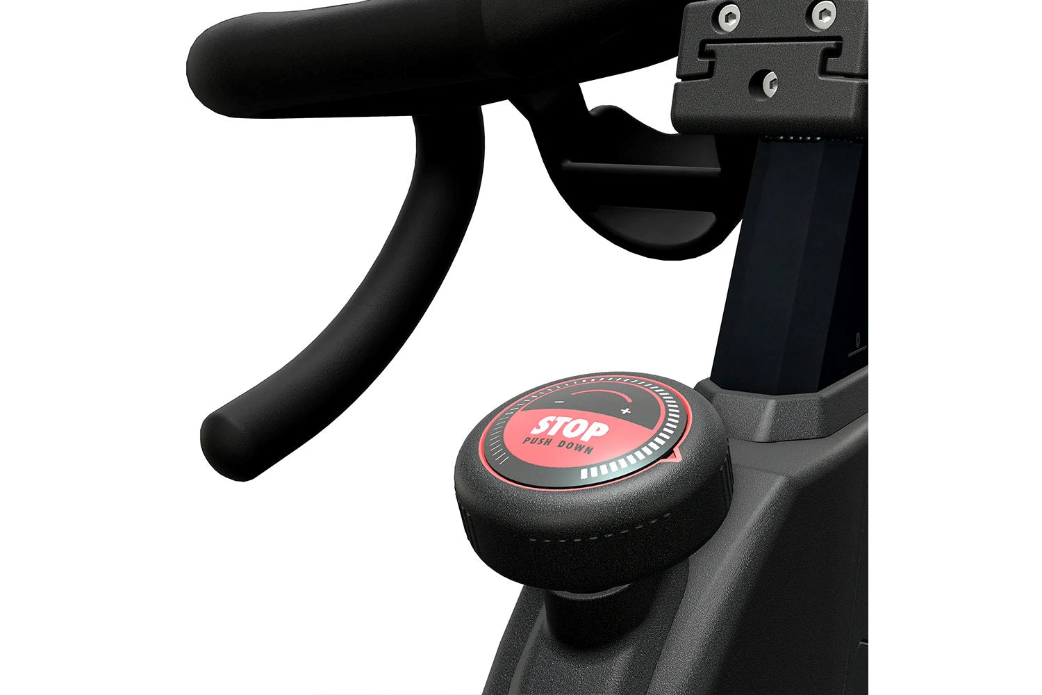 Gym bike handlebar with a red 'STOP' button