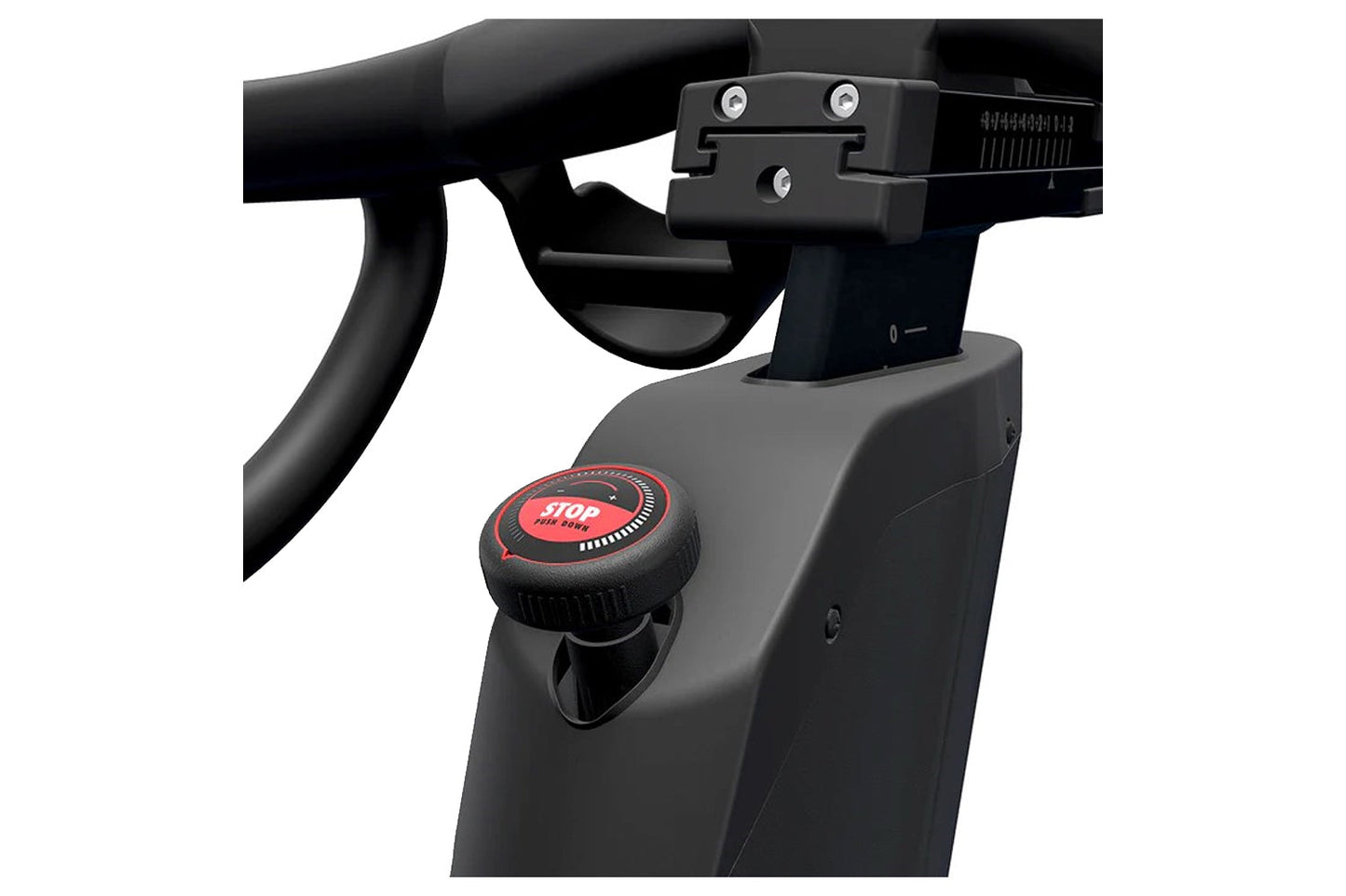 Close-up of a black exercise bike handlebar with a red 'Stop' button