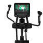 Black Life Fitness elliptical cross-trainer with digital console displaying fitness app interface, curved handlebars, and ped