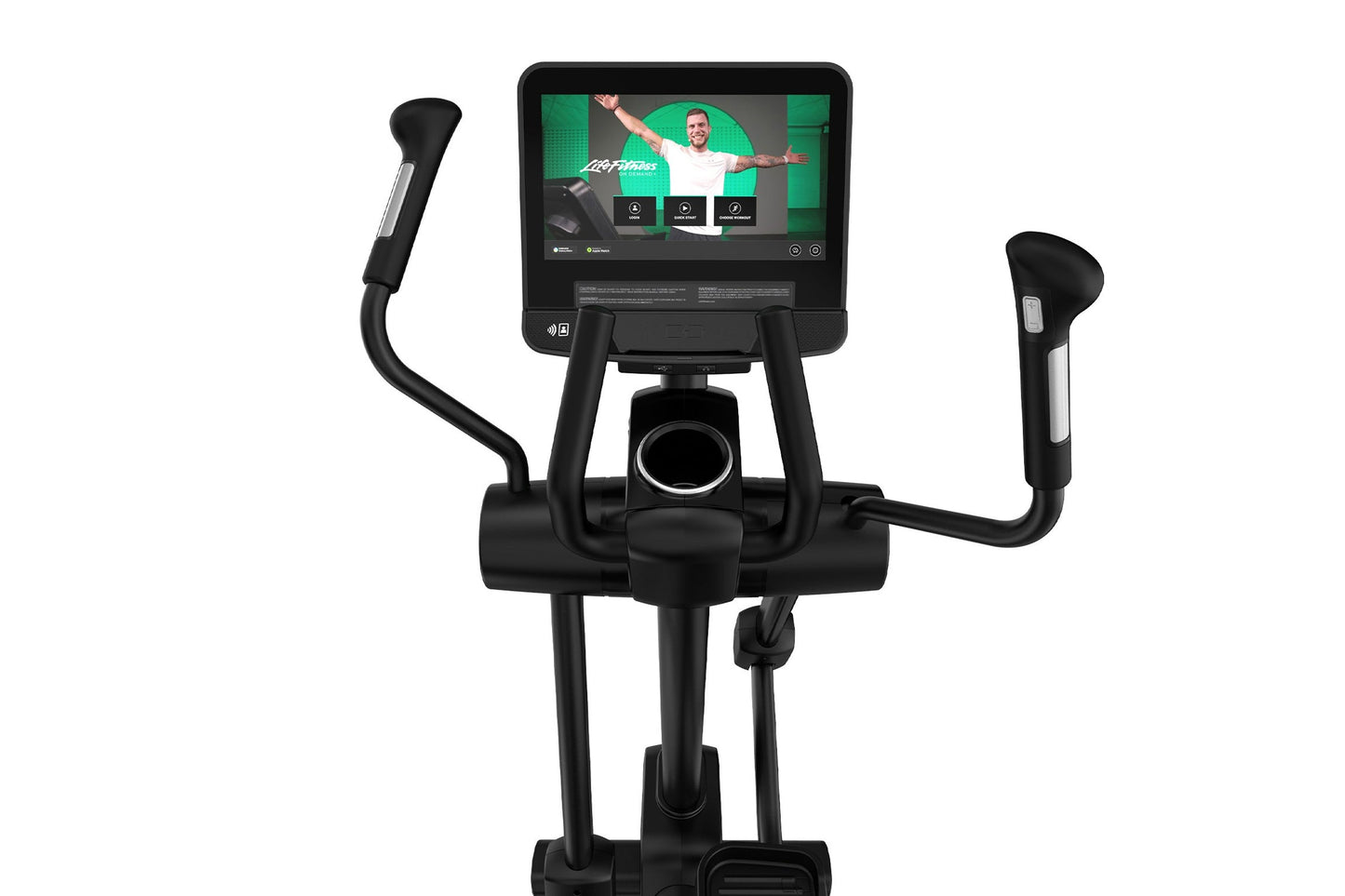 Black Life Fitness elliptical cross-trainer with digital console displaying fitness app interface, curved handlebars, and ped