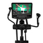 Black Life Fitness Integrity Plus elliptical with touchscreen display showing fitness class content, dual handlebars, and ped
