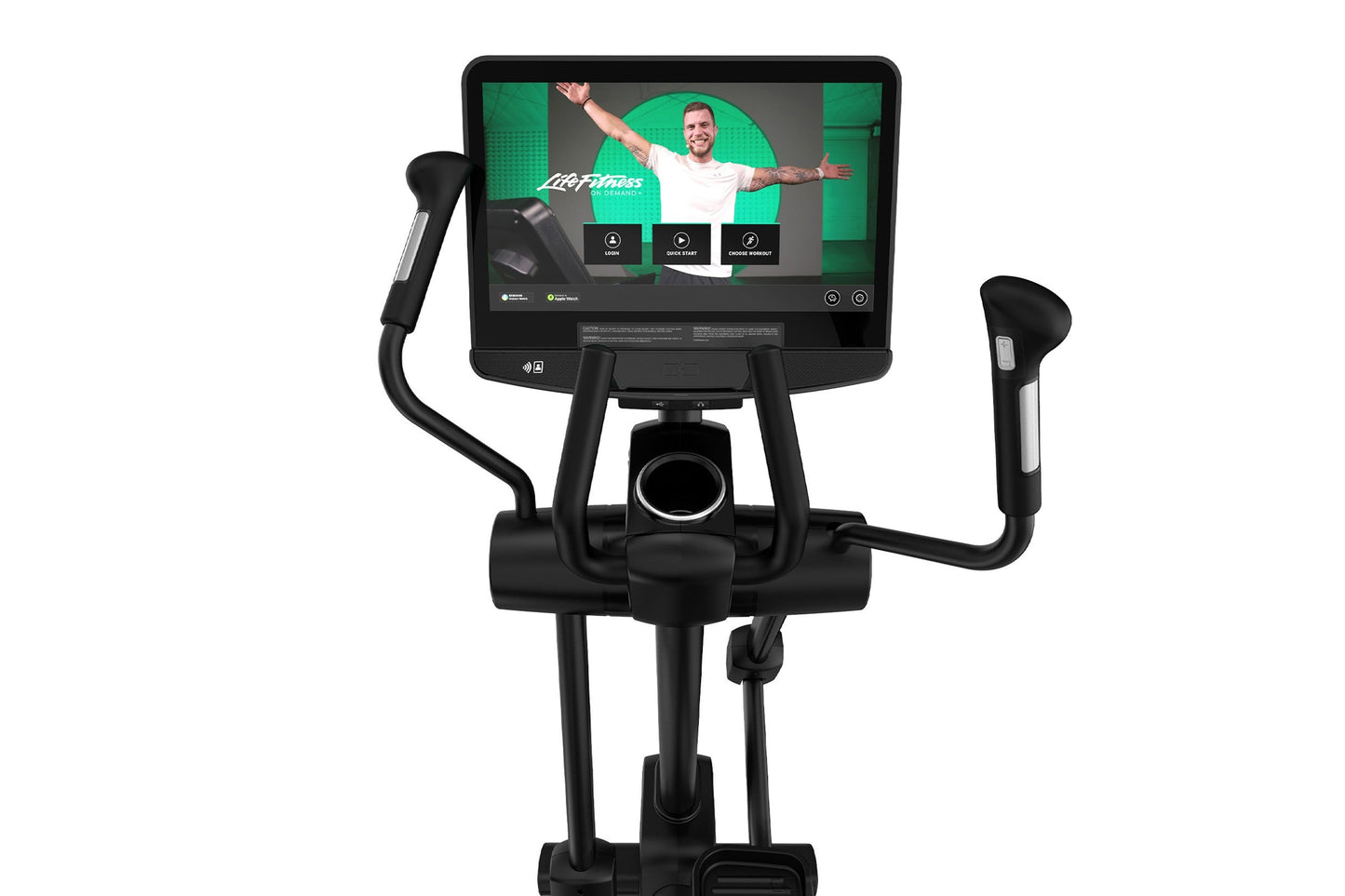 Black Life Fitness Integrity Plus elliptical with touchscreen display showing fitness class content, dual handlebars, and ped