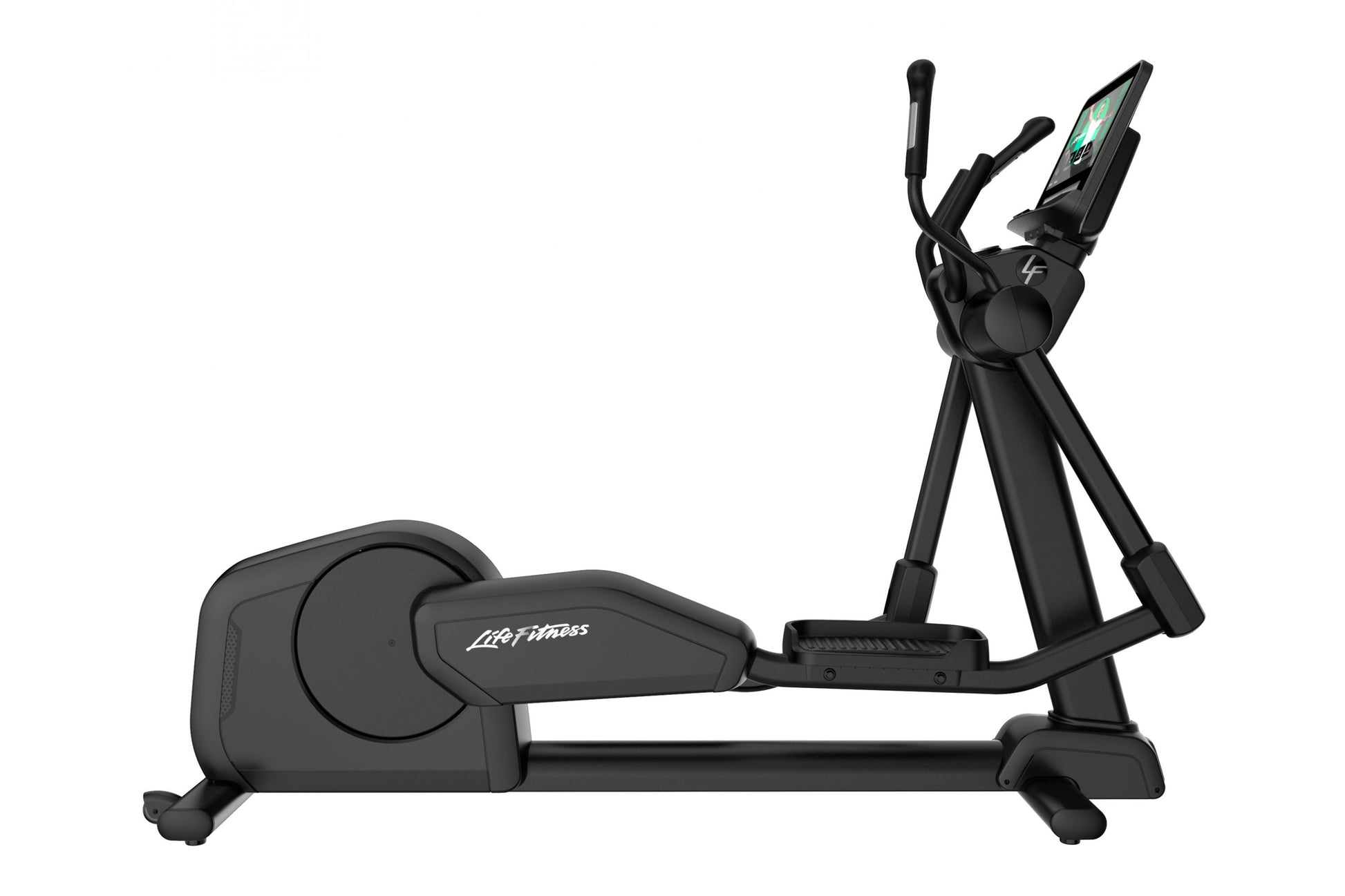 Black Life Fitness Integrity+ elliptical cross-trainer with digital display, dual handlebars, and foot pedals on white backgr