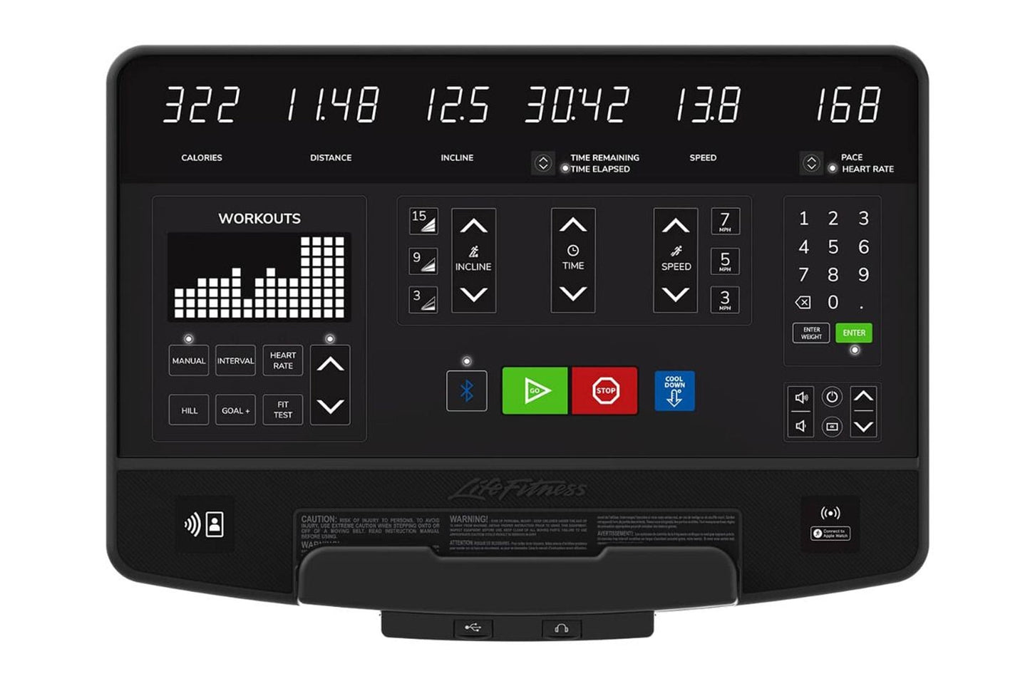 Life Fitness Integrity+ elliptical machine with black frame, digital display showing workout metrics, control buttons, and nu
