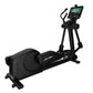 Black Life Fitness elliptical cross-trainer with padded seat, dual handles, digital display console, and footrest on white ba