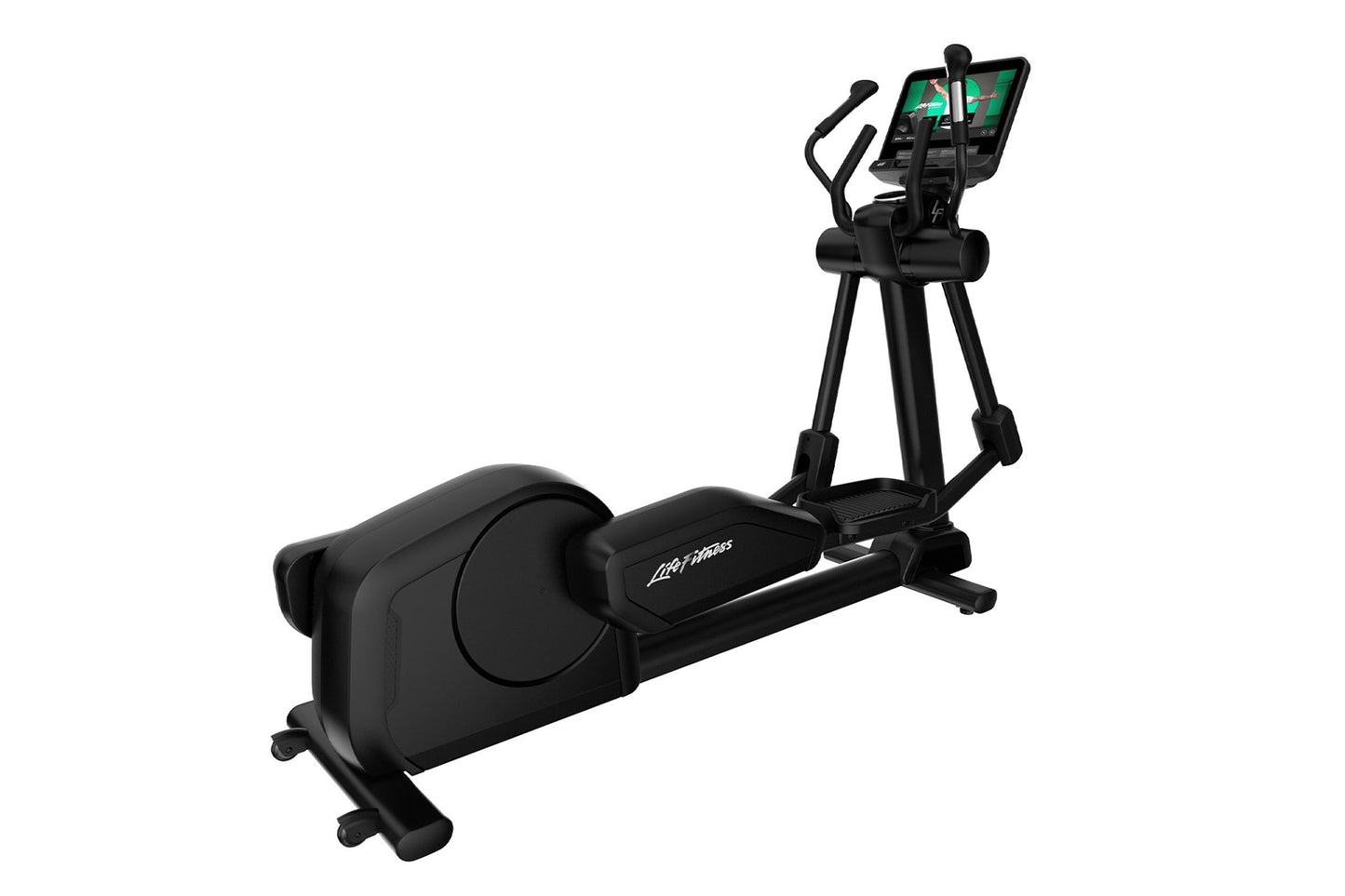 Black Life Fitness elliptical cross-trainer with padded seat, dual handles, digital display console, and footrest on white ba