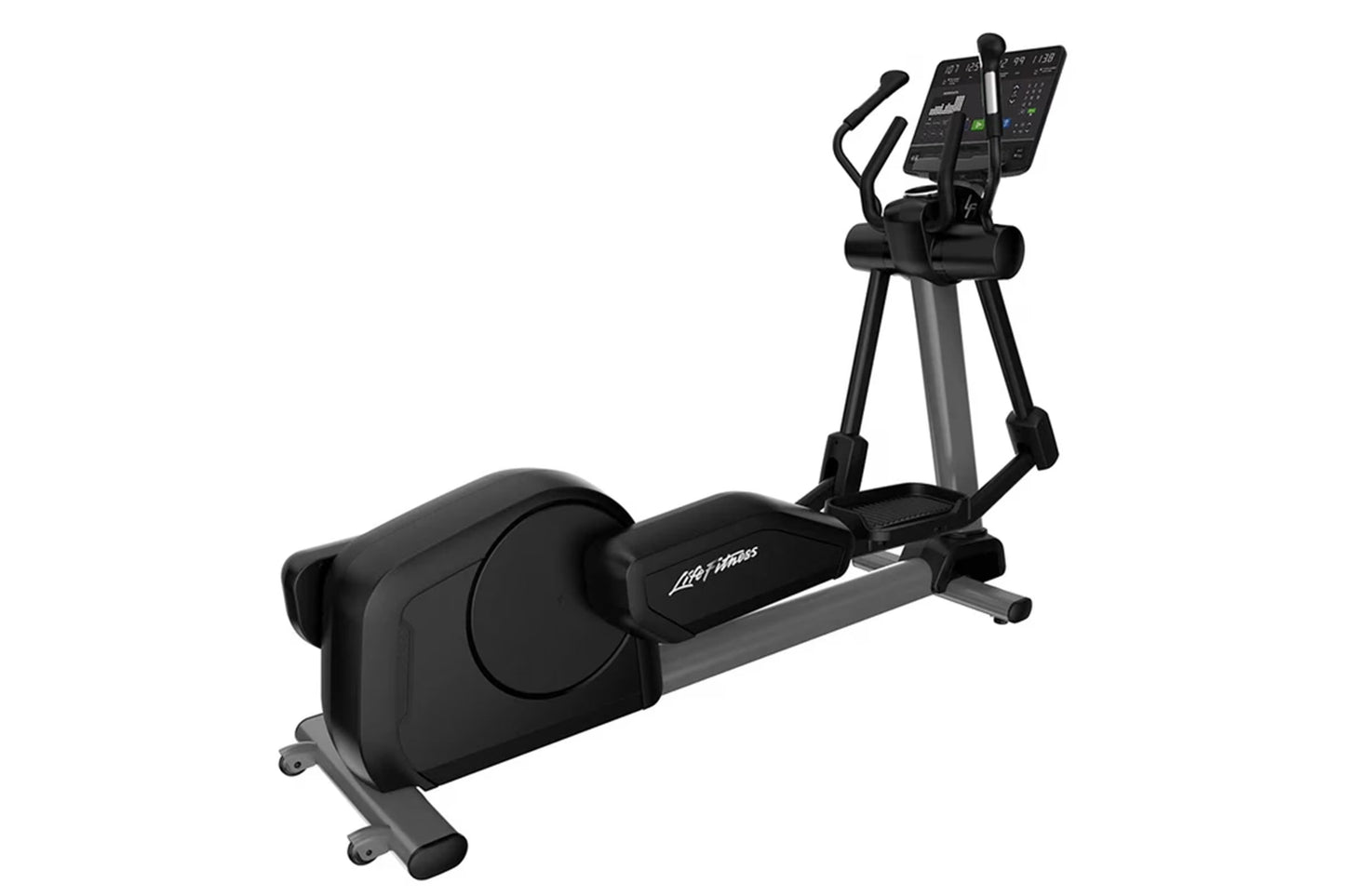Life Fitness black and gray elliptical cross-trainer with digital console display on white background