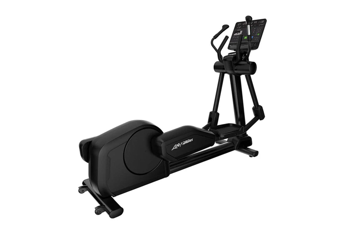 Black Life Fitness Integrity Plus elliptical cross-trainer with padded seat, dual handles, and digital console display on whi