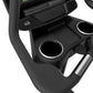 Black upright exercise bike with digital display console, dual cup holders with silver trim, and control buttons on handlebar