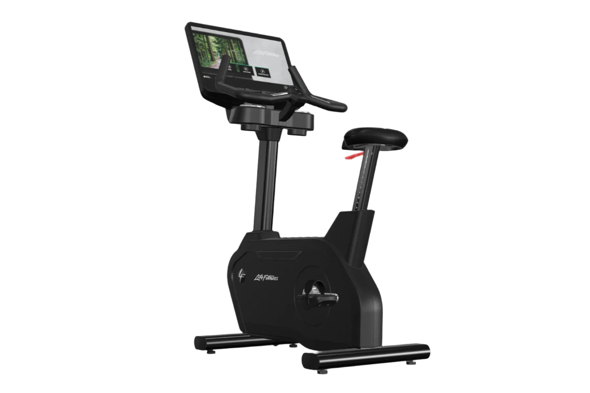 Black Life Fitness upright exercise bike with digital touchscreen display and adjustable seat, on white background