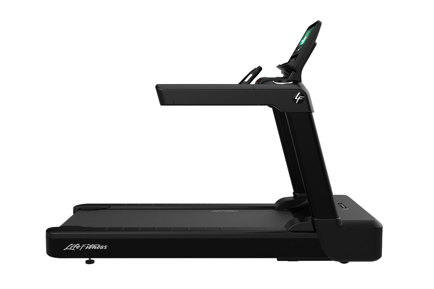 Black Life Fitness Integrity+ treadmill with digital display console and green accent details on white background